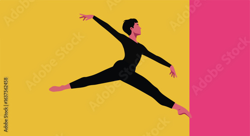 Figure leaping, black suit, yellow backdrop, pink edge; modern abstract art