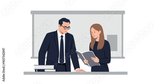 Two individuals examining a document in a professional setting by a desk with books