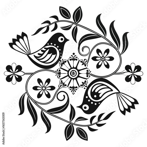 Monochrome Birds and Flowers: Ornate Vector Mandala Design for Decoration and Print Applications.                                                     
