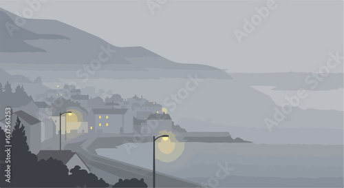 Seaside town at dusk, houses and streetlights line the coast, mountain background