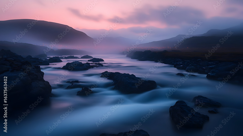 Misty River Landscape At Sunrise In Iceland Misty River Landscape At Sunrise In Iceland