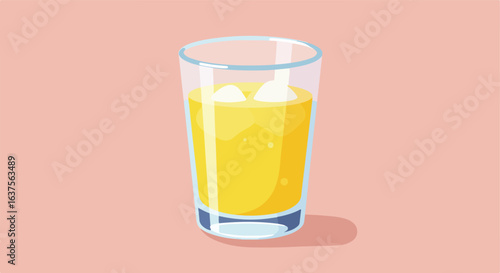 Glass of yellow liquid, two ice cubes, simple background, clean. vector style