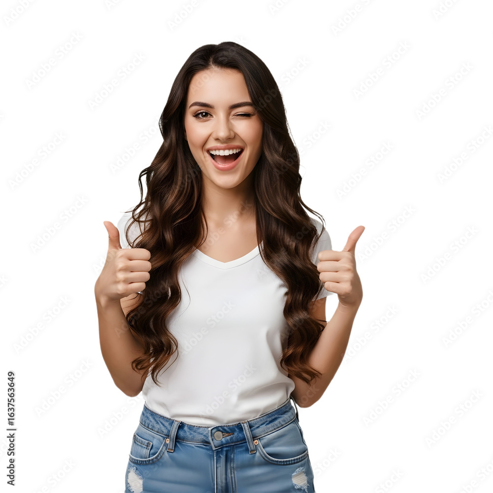 A smiling woman with long brown hair giving two thumbs up and winking eye on white A smiling woman with long brown hair giving two thumbs up and winking eye on white