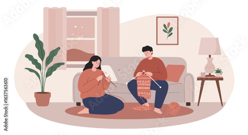 Couple Knitting Together, relaxing indoors