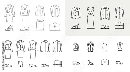 Minimalist business outfit line icon set featuring jackets, skirts, shoes, bags, and professional attire in clean outline style.