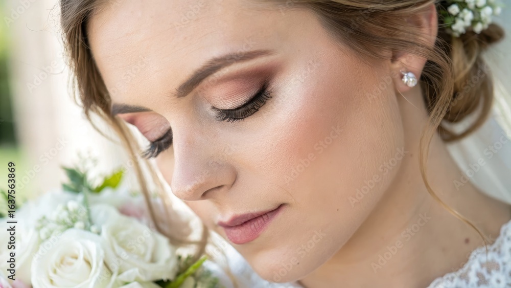 Elegant Bride Portrait with Bouquet and Soft Makeup in Natural Light Elegant Bride Portrait with Bouquet and Soft Makeup in Natural Light