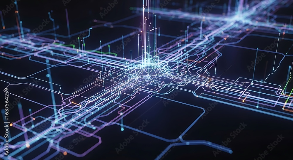 Obraz premium Abstract technology background with glowing lines and dots, creating a futuristic cityscape network concept.