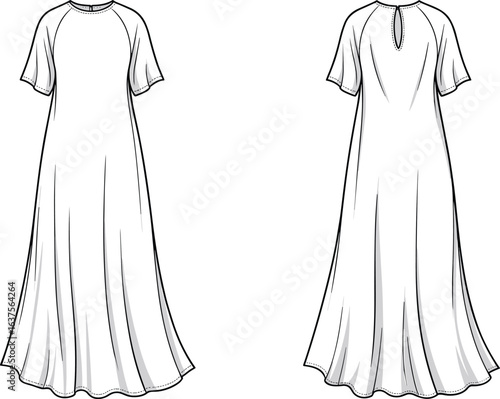 Long short-sleeve dress CAD drawing, front and back view fashion flat sketch, vector garment illustration, casual maxi dress template