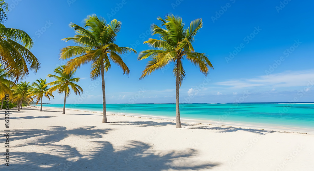 Fototapeta premium Idyllic Tropical Beach with Palm Trees and Turquoise Waters