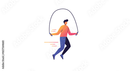 Person jumps rope wearing pink shirt and blue pants. Graphic illustration