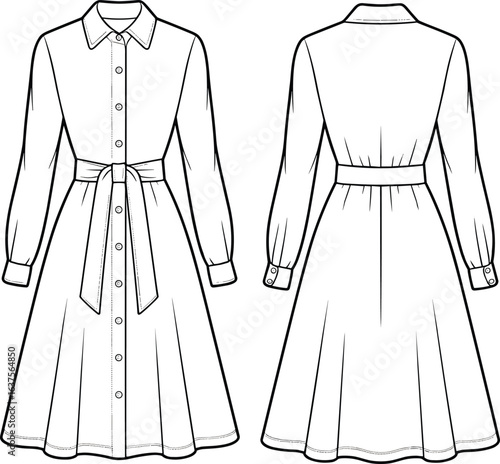 Long sleeve button front dress with waist tie belt, shirt collar, flared skirt, fashion apparel design, cad drawing flat vector illustration