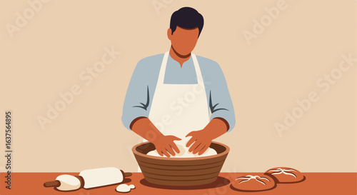 Man in apron mixes dough in bowl, bread loafs and rolling pin on counter