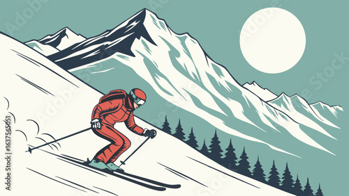 A Skier Descending a Snowy Mountain Slope in Winter.