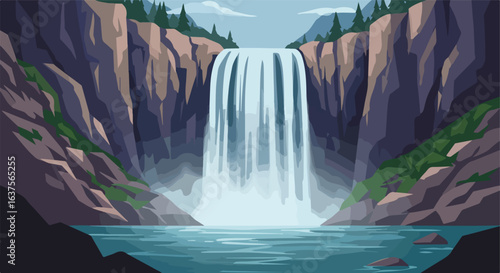 Cascading waterfall plummeting into a serene pool surrounded by rocky cliffs and verdant trees