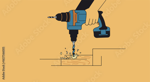 Electric drill boring a hole in wood, creating sawdust. Beige background