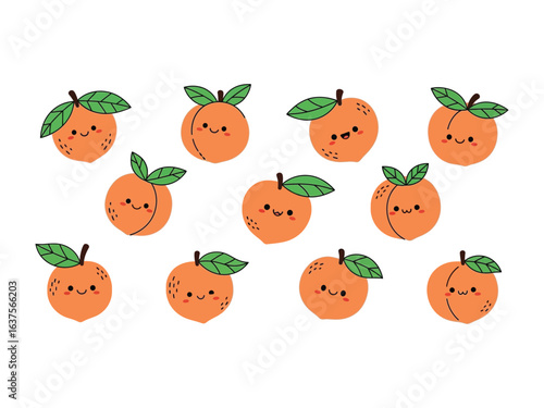 Peach Cartoon : Adorable cartoon peaches, each exuding a unique charm and cheerful expressions, arranged playfully, ready to brighten any creative project.