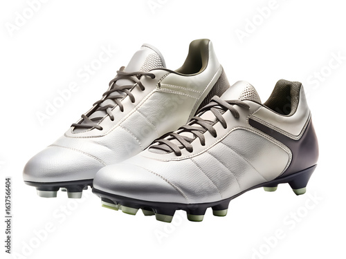 Pair of silver soccer football cleats, isolated on transparent background