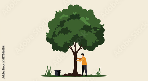 Person tending to a large tree on green grass with a bucket. Light background