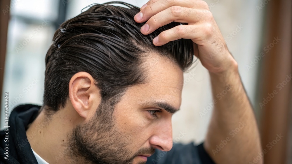 Fototapeta premium Man Grooming His Hair in Modern Indoor Environment