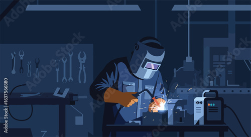 Welder at work with sparks flying in dark shop, gear, tools on the workbench behind him