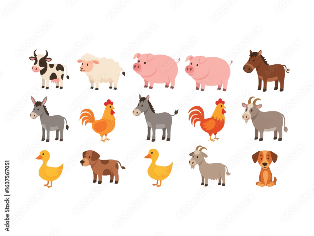 Fototapeta premium Farm Animal Ensemble: A delightful assortment of farm animals in a flat design aesthetic, showcasing the charm of rural life.