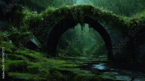 Mossy forest bridge through dark woods