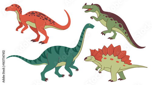 Collection of Four Cartoon Dinosaurs Orange Green and Stegosaurus.