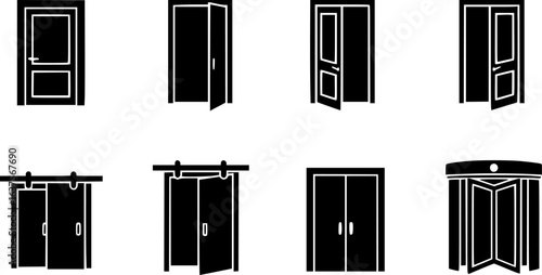 a set icons of doors, including open and closed positions, vector black