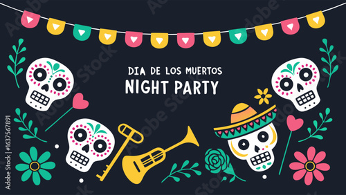 Colorful Dia de los Muertos Night Party Invitation.