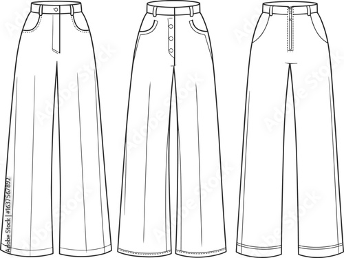 Wide leg women’s pants fashion flat sketch, stylish high waist trousers with front details, technical clothing drawing, trendy apparel design.