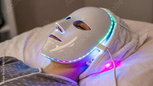 Woman Relaxing with LED Light Therapy Facial Mask for Skincare Treatment