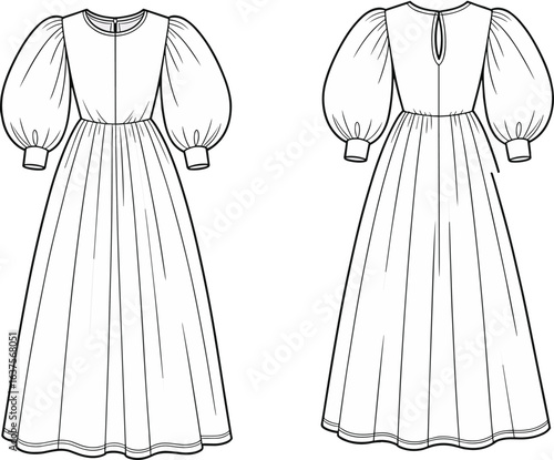 Puff sleeve maxi dress technical flat sketch, front and back view CAD drawing, vector fashion illustration, garment design template