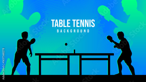 Dynamic Table Tennis Background. Two player silhouettes in match, set against a blue and green gradient backdrop with abstract shapes and textures.