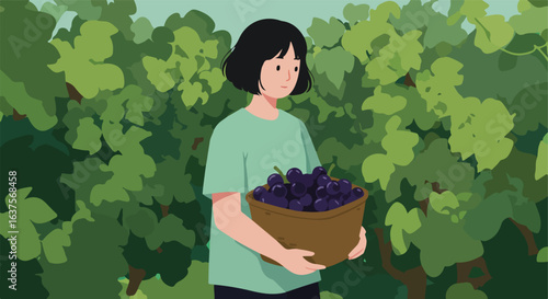 Woman carries a basket of grapes, standing in front of verdant grape vines
