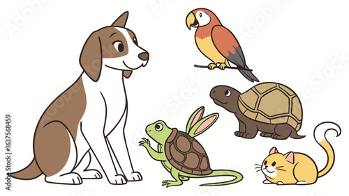 Cute Cartoon Animals Dog Parrot Turtle and Cat.