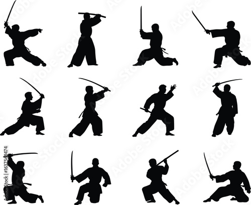 Martial arts sword silhouette, warrior poses collection, samurai stance clipart, sword fighting figures, combat training PNG, black sword fighter, vector swordsmanship design.