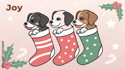 Cute Puppies in Christmas Stockings.