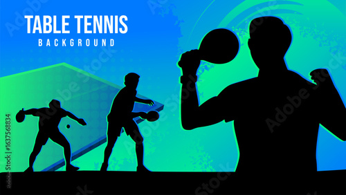 Dynamic Table Tennis Background. Multiple player silhouettes in action poses, set against a blue and green gradient backdrop with abstract shapes and textures.