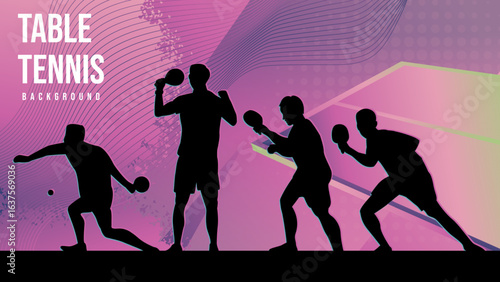 Pastel Gradient Table Tennis Silhouette Background. Player silhouette in action, set against a soft pink, purple, and blue gradient backdrop with abstract circular patterns and halftone effects.