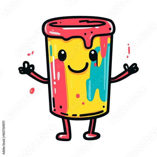 cartoon-style paint bucket character with colorful drips and a happy face. Ideal for art blogs, craft websites, or educational materials to represent creativity and artistic projects