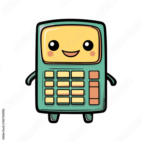 Cute, cartoon calculator mascot with a happy face, perfect for websites/blogs about finance, education, math, or simple technology concepts.

