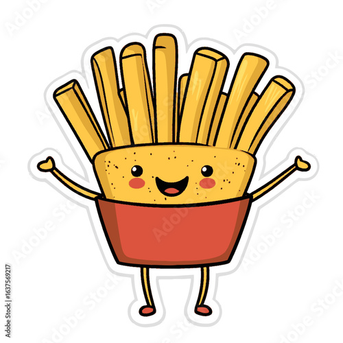 A cute cartoon-style illustration of a smiling box of french fries with arms and legs, suitable for blogs or websites about food, restaurants, or fast-food.

