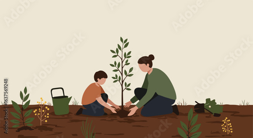 Mother and son planting a tree on a sunny day, watering can and other saplings near