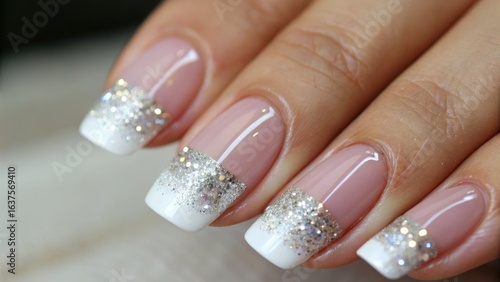 Elegant French Manicure with Sparkling Glitter Accent for Nails
