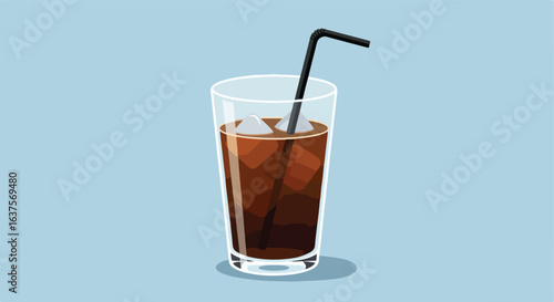 Iced refreshment in clear glass with black straw, light blue background