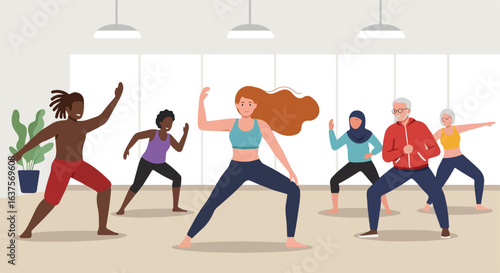Indoor fitness group workout with diverse people. Body fitness, health