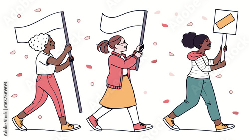 Diverse Group of People Marching with Flags and Sign.