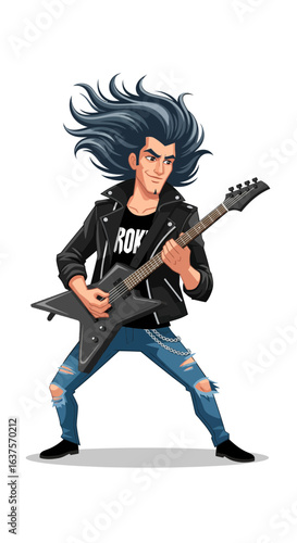 Cartoon rock star guitarist with long flowing hair playing an electric guitar. Heavy metal musician character in a leather jacket and ripped jeans.