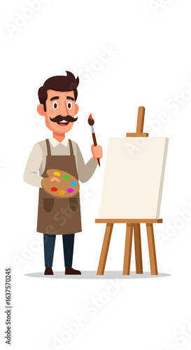 Inspired male artist with a mustache, holding a palette and brush, ready to paint on a blank canvas on an easel