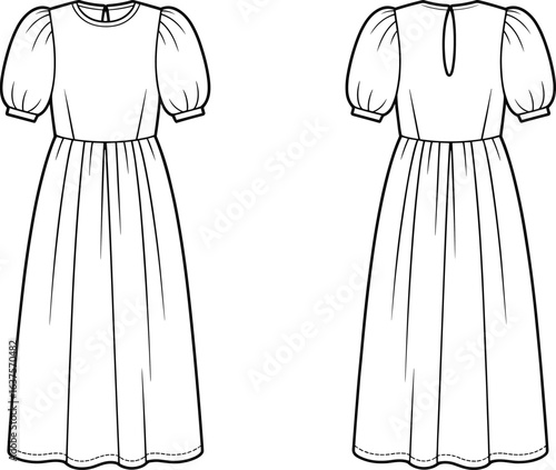 Puff sleeve midi dress front and back flat sketch, vector CAD drawing, fashion technical illustration, garment design template, clothing outline